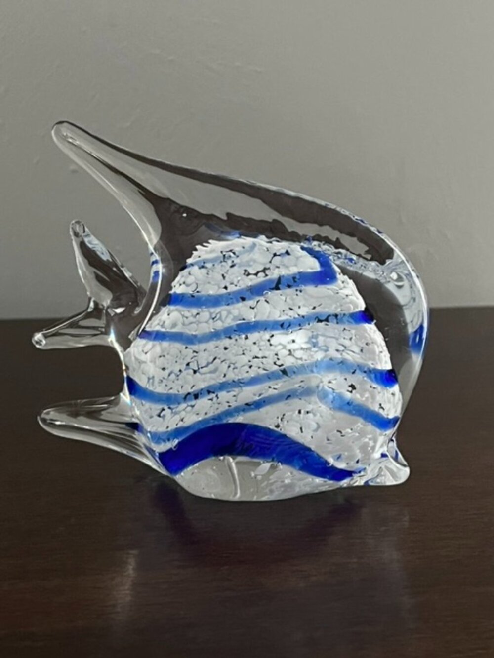 Art Glass Angel Fish Paperweight Coastal Beachy White Blue Stripe
